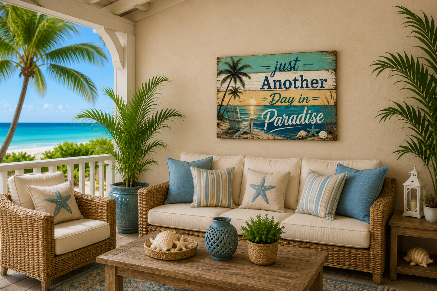 A coastal-themed living room scene with a wicker sofa and armchair, blue and striped pillows, a wooden coffee table, and a wall sign that reads 'Just Another Day in Paradise' above a beige wall. Palm trees and an ocean view are visible through the porch opening.