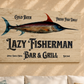 Decorative sign for Lazy Fisherman Bar & Grill with a fish illustration on a beige wall.