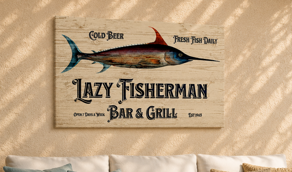 Decorative sign for Lazy Fisherman Bar & Grill with a fish illustration on a beige wall.