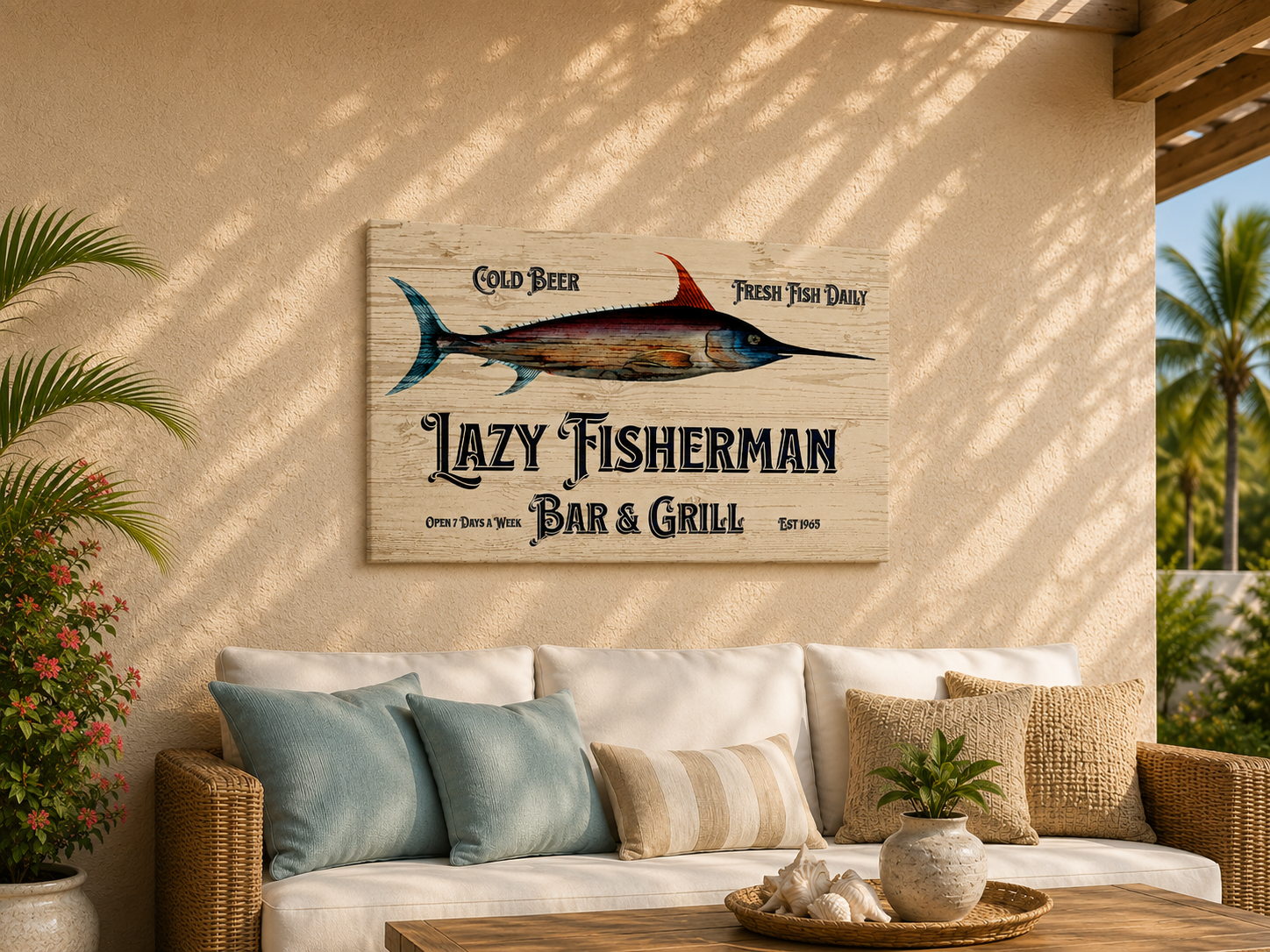 Decorative sign for 'Lazy Fisherman Bar & Grill' above a couch with pillows in an outdoor setting.
