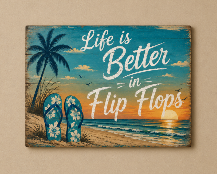 Rectangular aluminum wall sign with palms, sunset beach, and 'Life is Better in Flip Flops' text