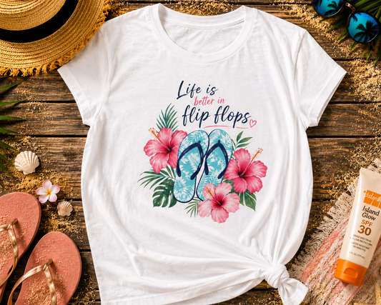 Women's Tee — "Life Is Better in Flip Flops" Tropical Flip-Flop Floral Shirt