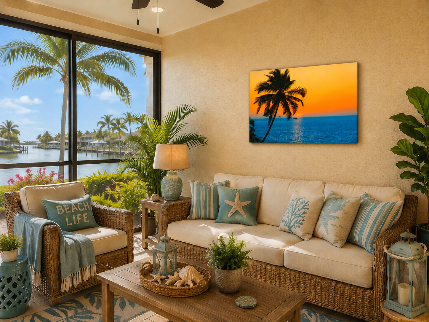 A tropical beach-themed living room featuring a canvas wall art print of a sunset over the ocean with a palm tree silhouette, hung above a beige sofa with blue and beige pillows. The room is styled with wicker furniture, plants, and a view of a canal and palm trees through large windows.