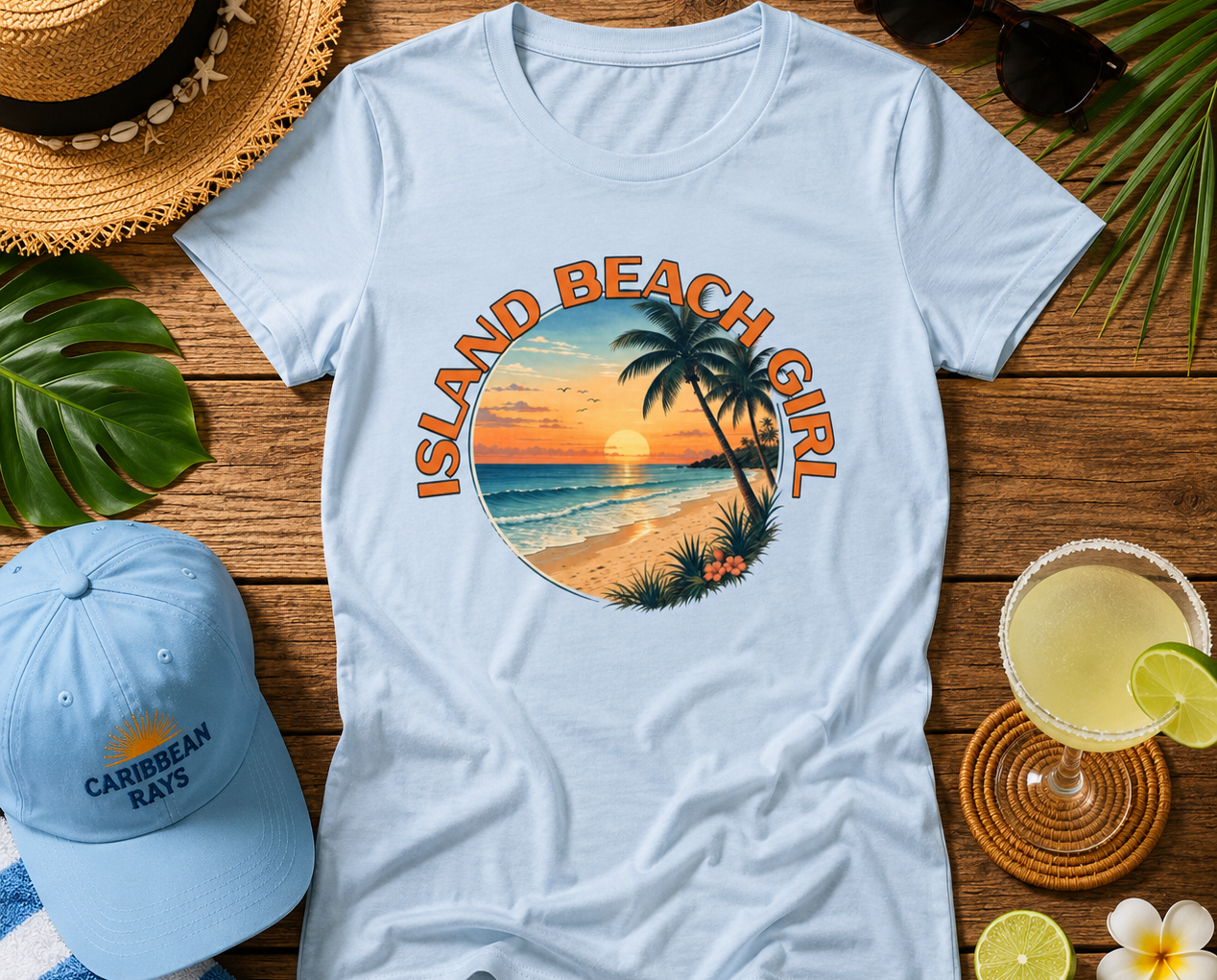 Light blue t-shirt with 'Island Beach Girl' design on a wooden surface with beach accessories.