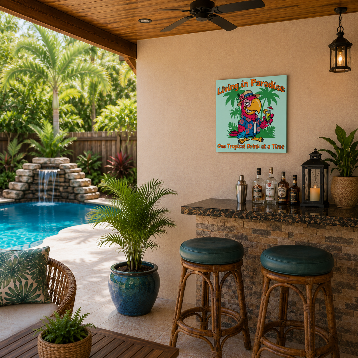 Outdoor patio with pool, bar area, and decorative elements