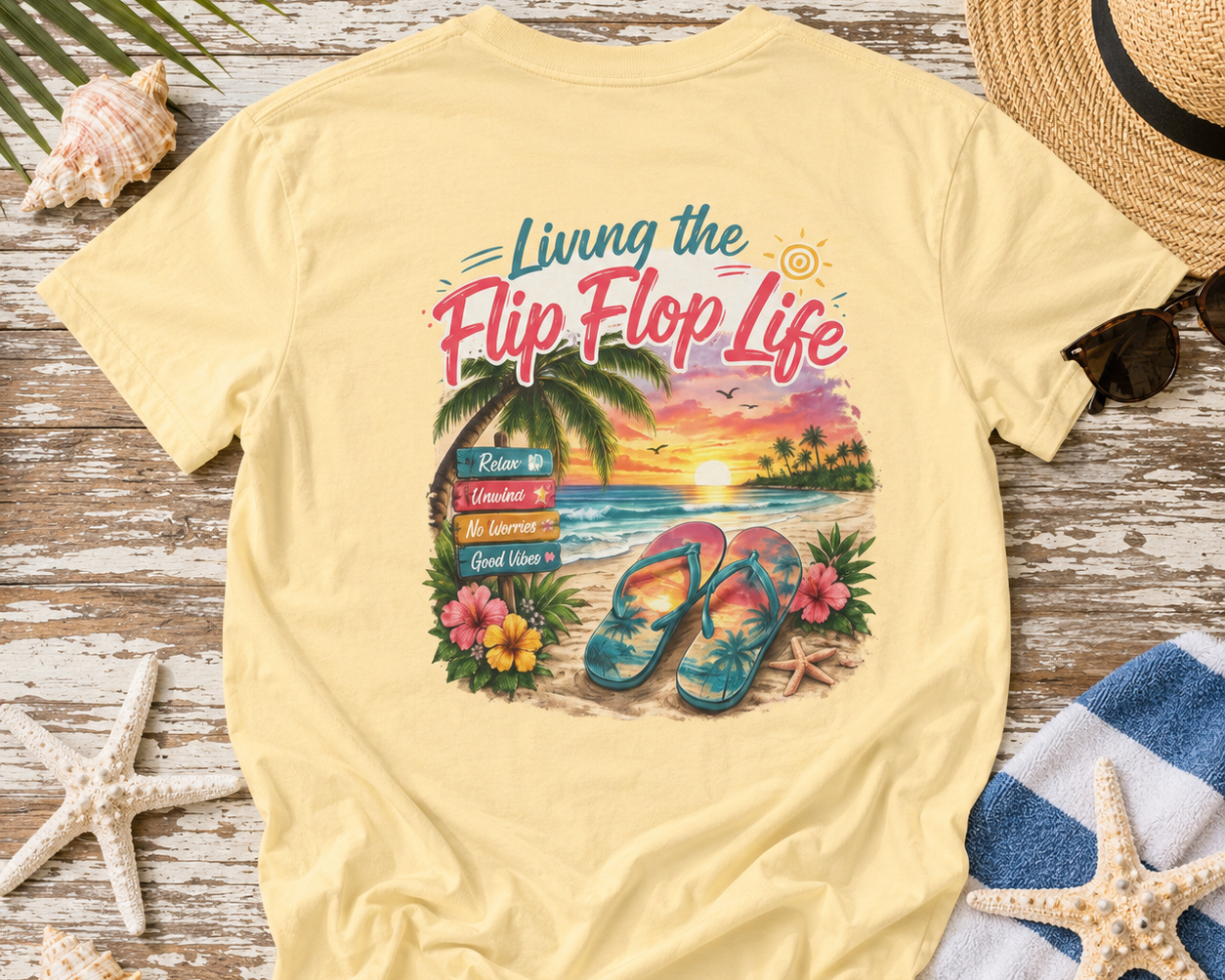 Beige t-shirt with 'Living the Flip Flop Life' graphic on a wooden surface with beach accessories.