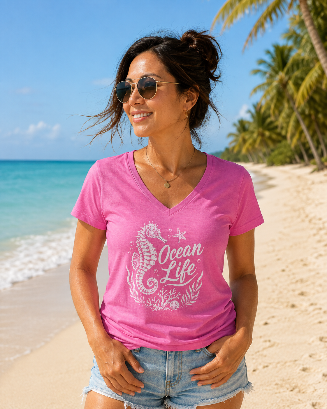 A woman wearing a bright pink V-neck t-shirt with a white seahorse and starfish graphic that reads 'Ocean Life', standing on a sunny sandy beach with palm trees and turquoise water in the background.