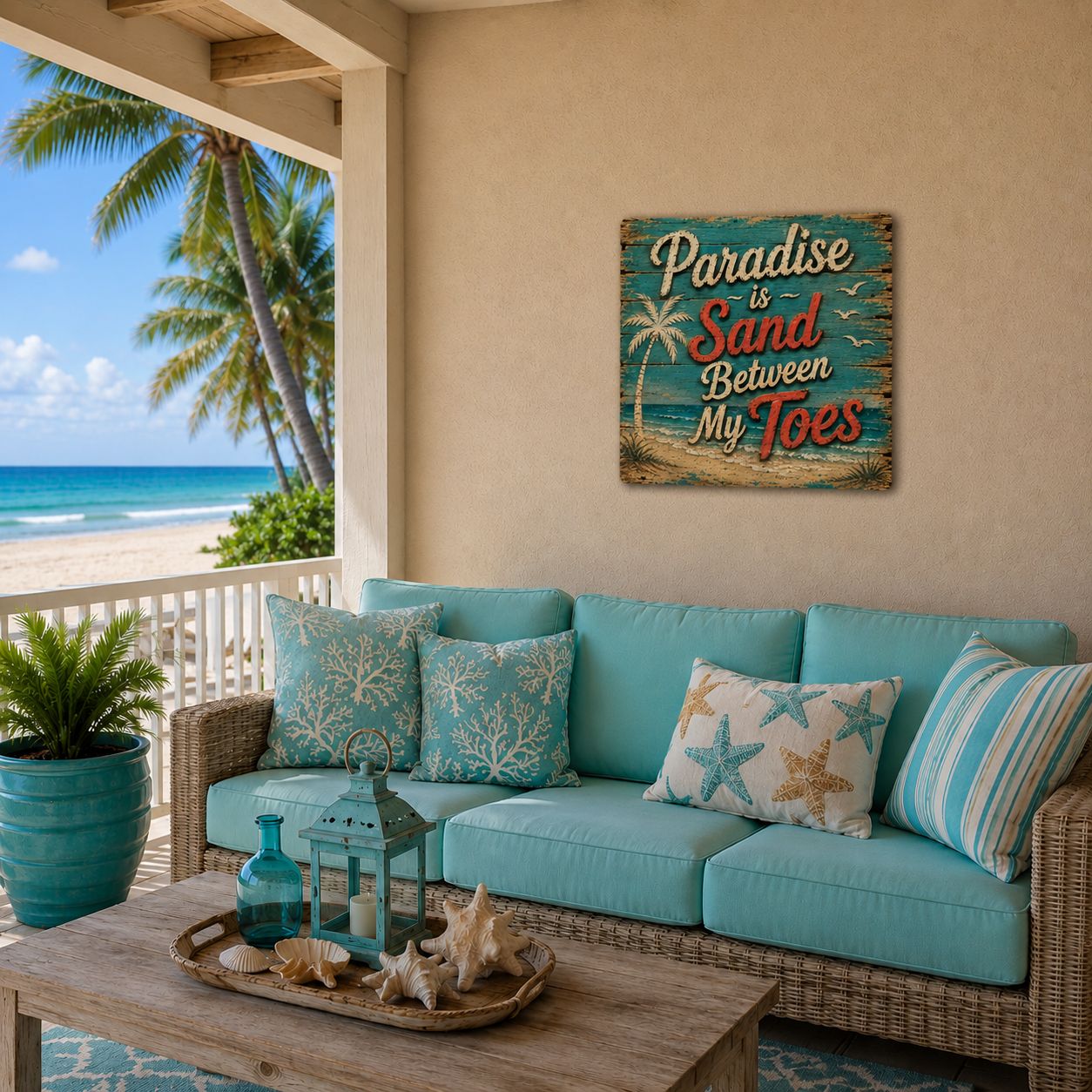 Turquoise outdoor sofa with decorative pillows on a patio with a beach view and 'Paradise is Sand Between My Toes' sign.