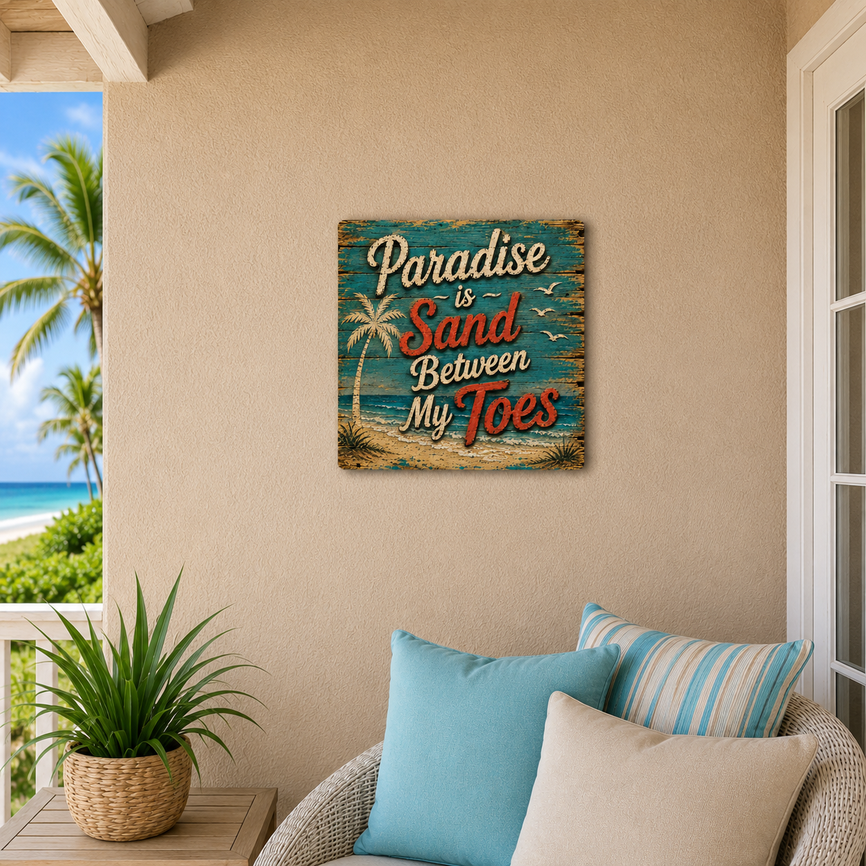 Decorative sign with 'Paradise is Sand Between My Toes' on a wall with a beach view.