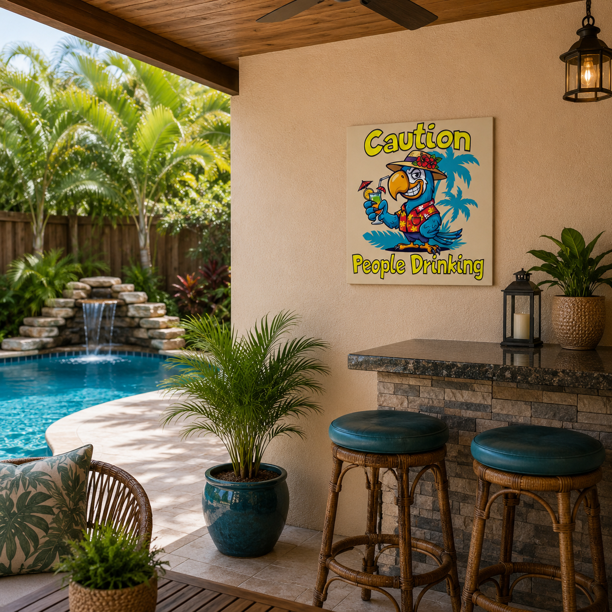 Outdoor patio area with pool, plants, and a 'Caution: People Drinking' sign.