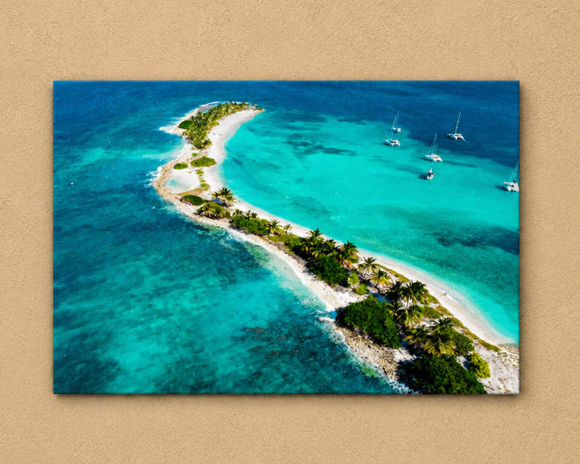 A rectangular wall art print or canvas showing an aerial view of a tropical sandbar island with turquoise water, white sand, palm trees, and a few sailboats, displayed against a beige textured wall.