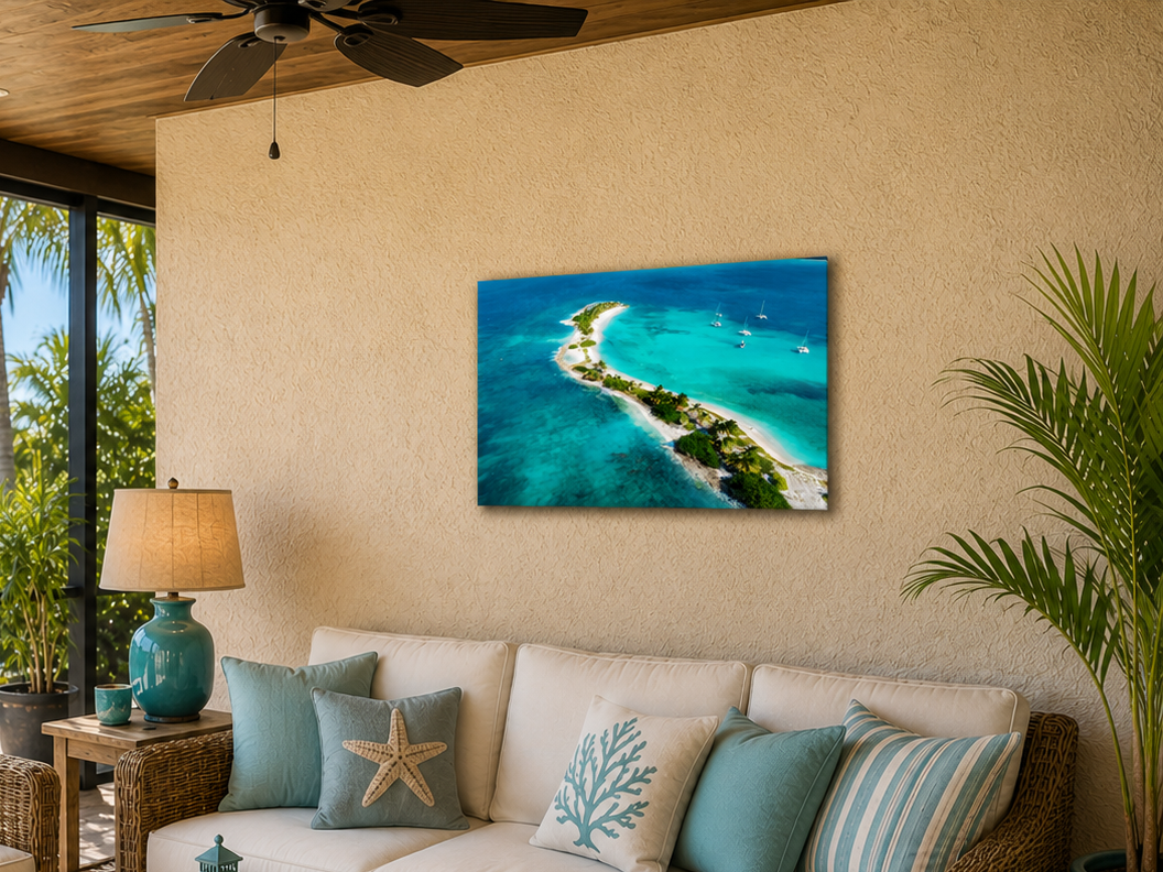 A rectangular wall art print showing a tropical island scene with turquoise water and white sand, displayed above a beige sofa in a styled living room with pillows, a lamp, and a plant.