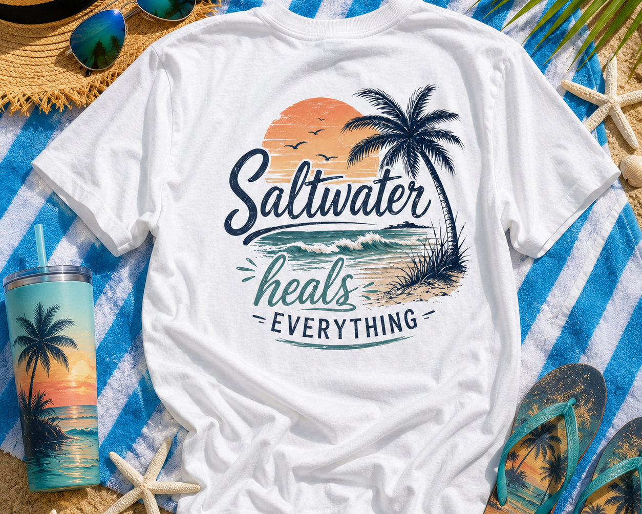 White t-shirt with 'Saltwater heals everything' design on a beach-themed background with sunglasses, flip-flops, and a tumbler.
