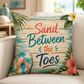 Square tropical spun-polyester pillow with “Sand Between the Toes” print and flower corner accents