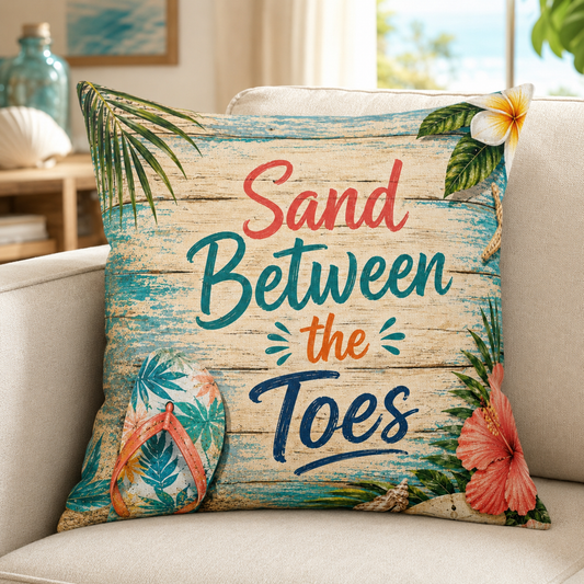 Square tropical spun-polyester pillow with “Sand Between the Toes” print and flower corner accents