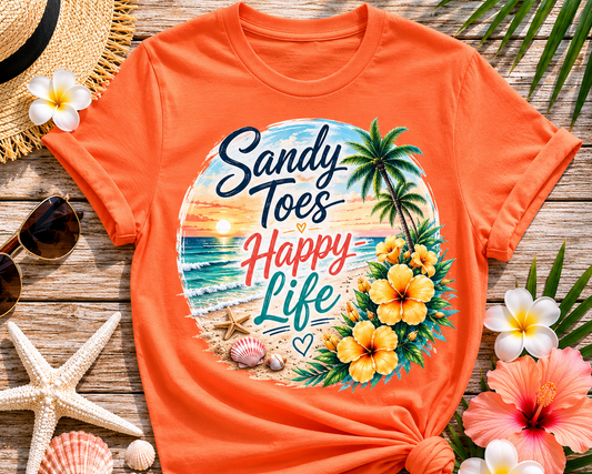 Sandy Toes Happy Life T-Shirt — Tropical Beach Vacation Tee