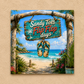 Beach scene with 'Sandy Toes Flip Flop Days' sign and sandals, framed by a wooden arch.
