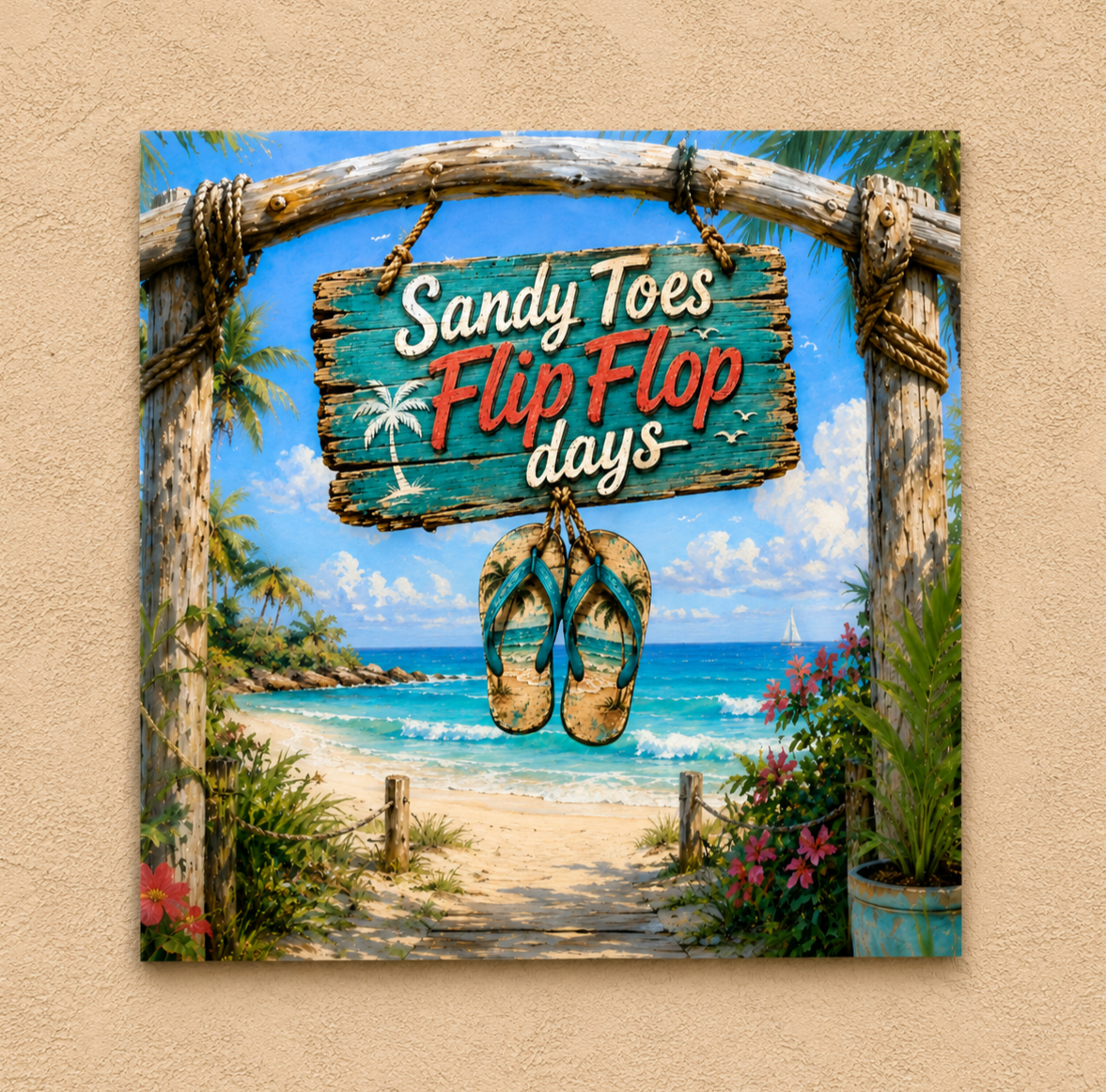 Beach scene with 'Sandy Toes Flip Flop Days' sign and sandals, framed by a wooden arch.