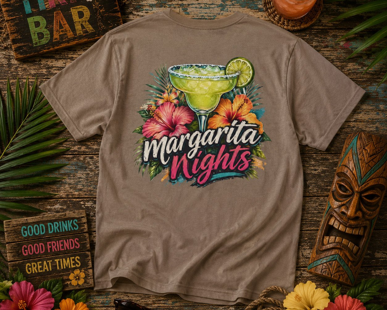 T-shirt with 'Margarita Nights' design on a tiki-themed background