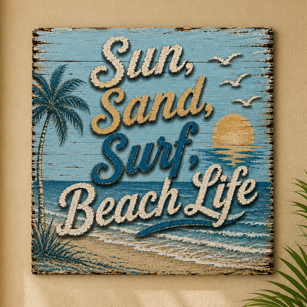 Decorative sign with 'Sun, Sand, Surf, Beach Life' text on a beach-themed design.