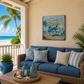 Outdoor living space with blue sofa, decorative pillows, and 'Sun, Sand, Surf, Beach Life' sign.