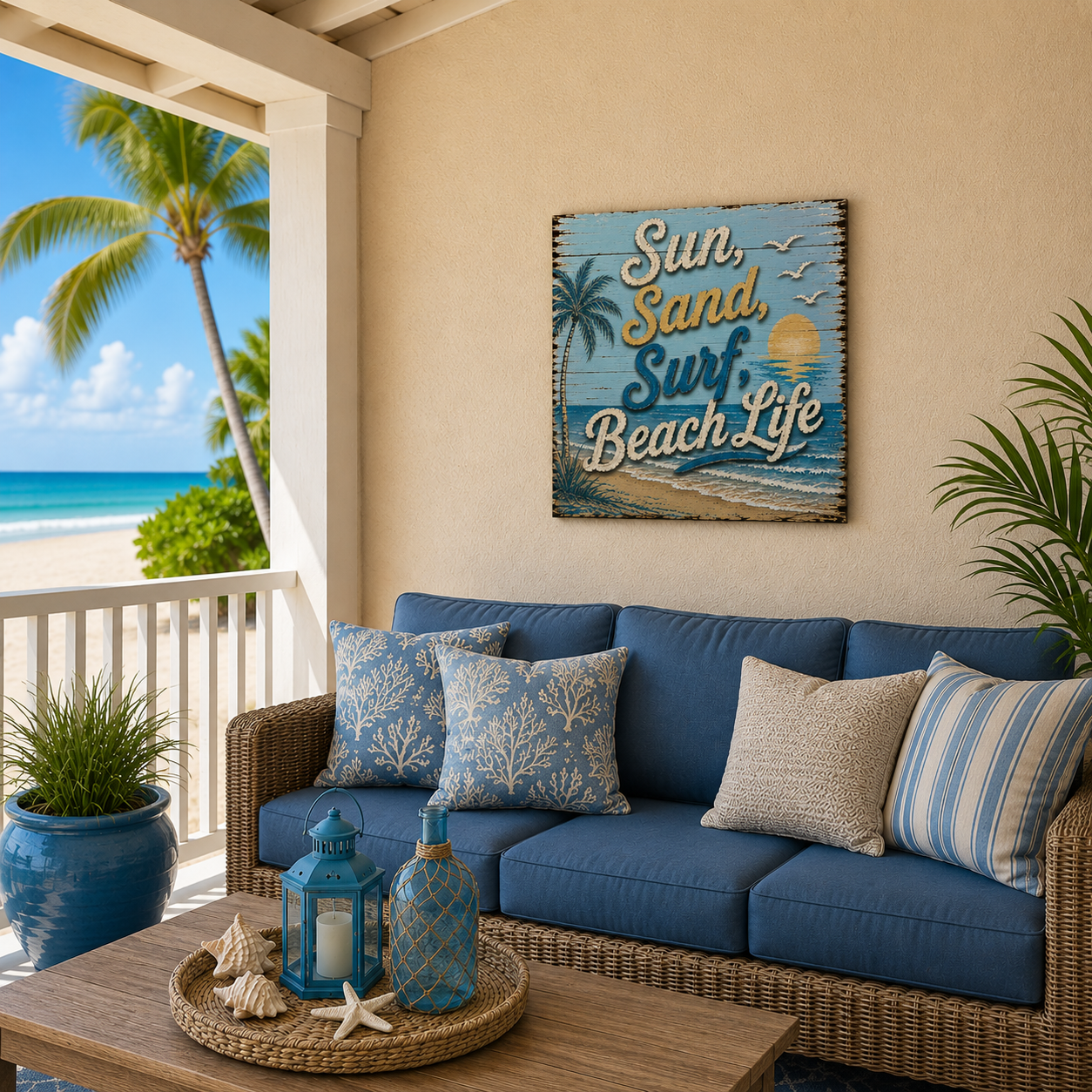 Outdoor living space with blue sofa, decorative pillows, and 'Sun, Sand, Surf, Beach Life' sign.