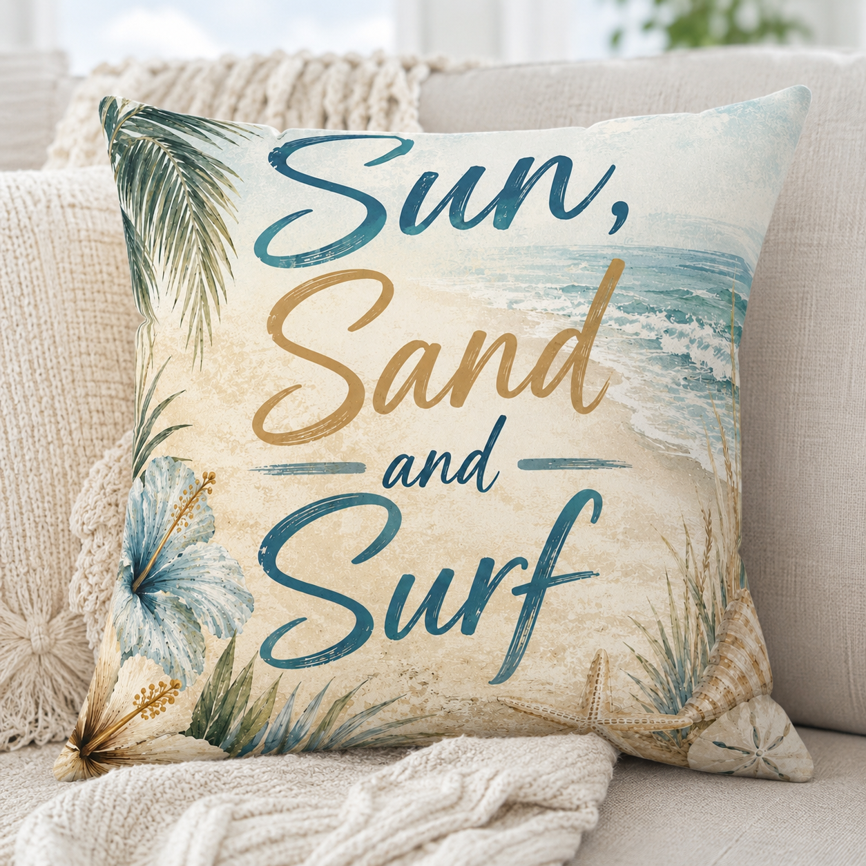 Square polyester pillow with 'Sun, Sand and Surf' beach scene and tropical leaves