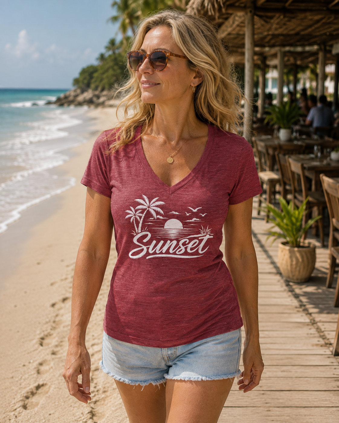 A woman wearing a heathered maroon V-neck t-shirt with a white 'Sunset' palm tree graphic, walking on a wooden boardwalk at a tropical beach.