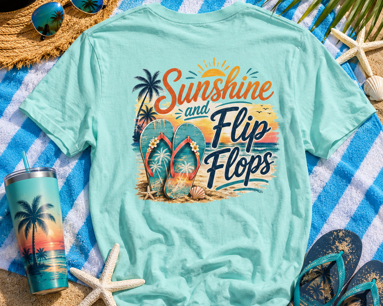 Teal t-shirt with 'Sunshine and Flip Flops' design on a beach setting with flip-flops, sunglasses, and a hat.