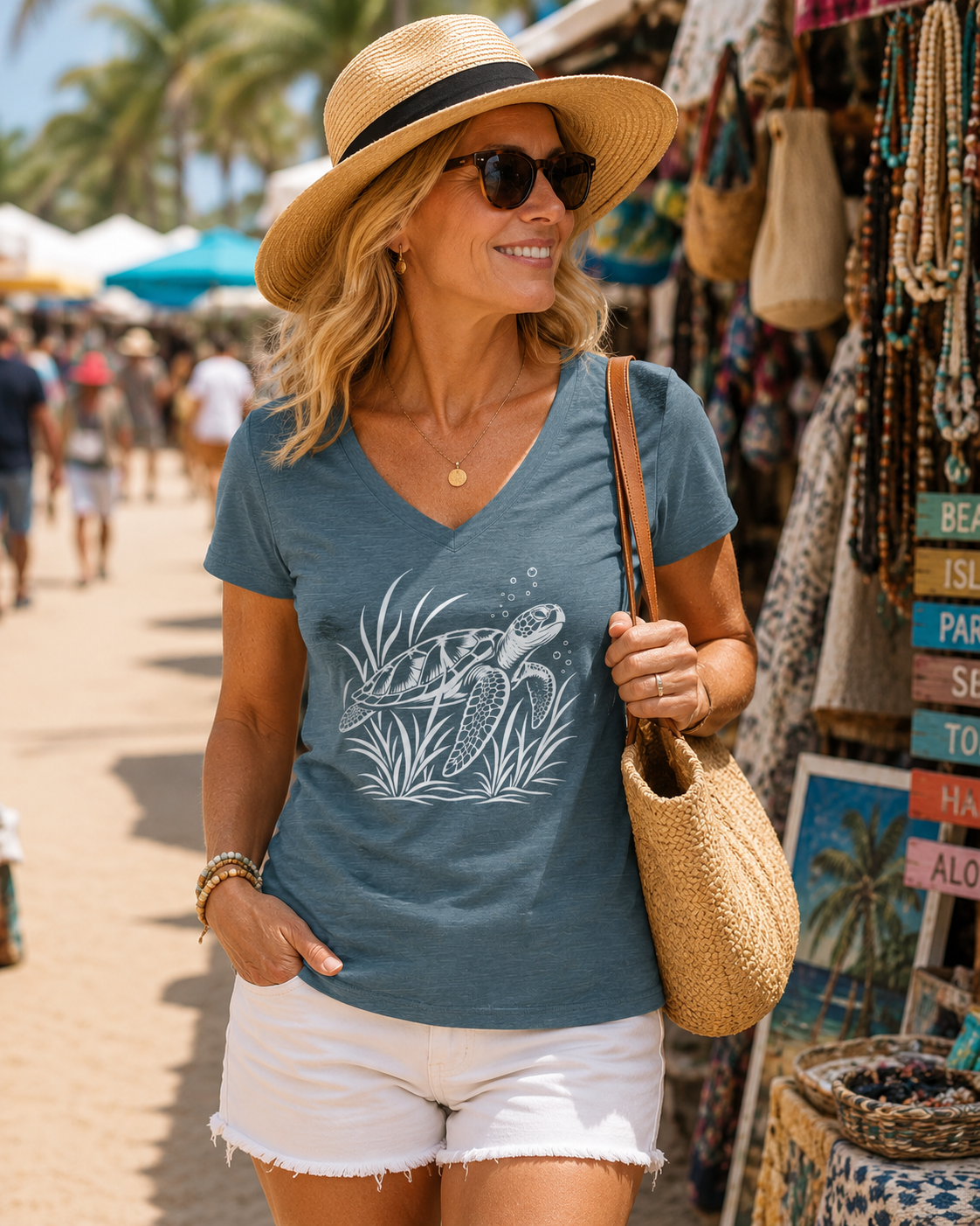 A woman wearing a slate blue V-neck t-shirt with a white sea turtle graphic, styled with white shorts, a straw hat, and sunglasses, carrying a woven straw bag on a beach market walkway.