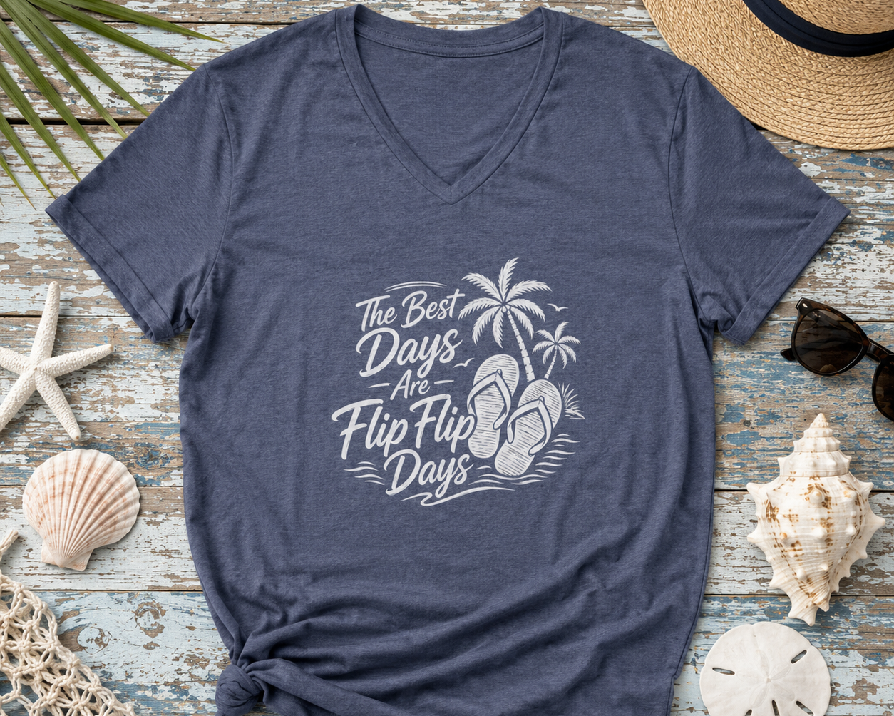 A heather navy blue V-neck t-shirt with a white graphic reading 'The Best Days Are Flip-Flop Days' alongside palm trees and flip-flops, styled in a flat lay on a distressed blue wooden surface surrounded by beach-themed props like a straw hat, sunglasses, starfish, and seashells.