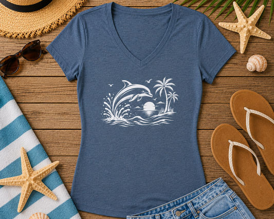 A heathered blue V-neck t-shirt with a white graphic of dolphins, palm trees, and waves, styled in a flat lay on a wooden surface with a straw hat, denim shorts, flip-flops, sunglasses, and beach accessories.