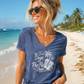 Women's heather blue V-neck T-shirt with flip-flop beach graphic print