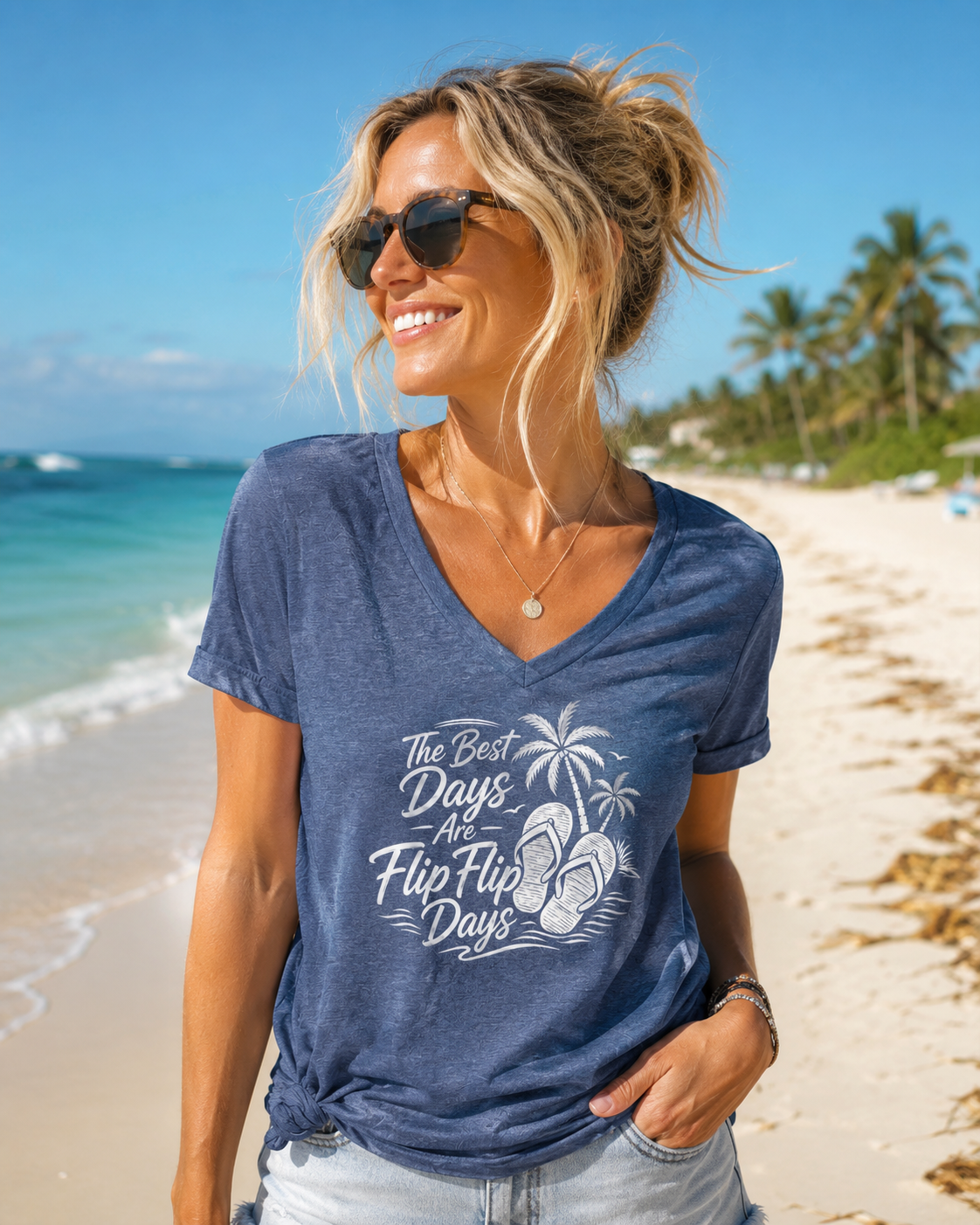 Women's heather blue V-neck T-shirt with flip-flop beach graphic print