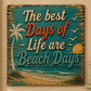Decorative sign with beach-themed text and graphics on a wooden background