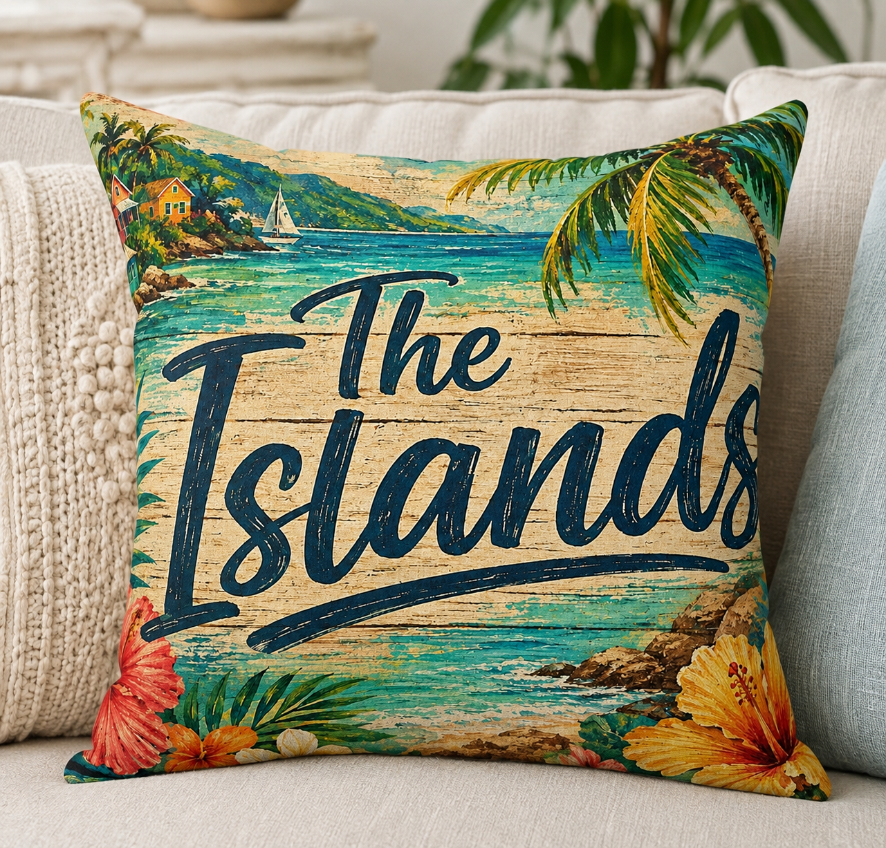 Square polyester pillow on couch with tropical beach print, palm leaves, and 'The Islands' text