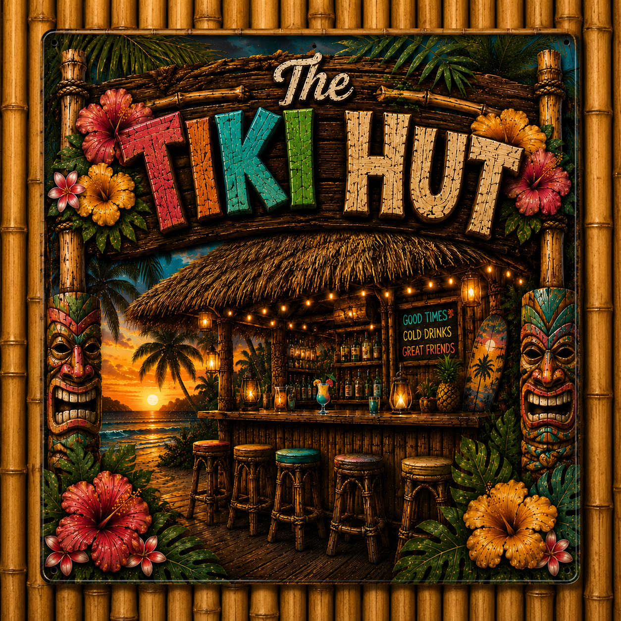 Decorative sign for 'The Tiki Hut' with tropical elements and a bar scene.