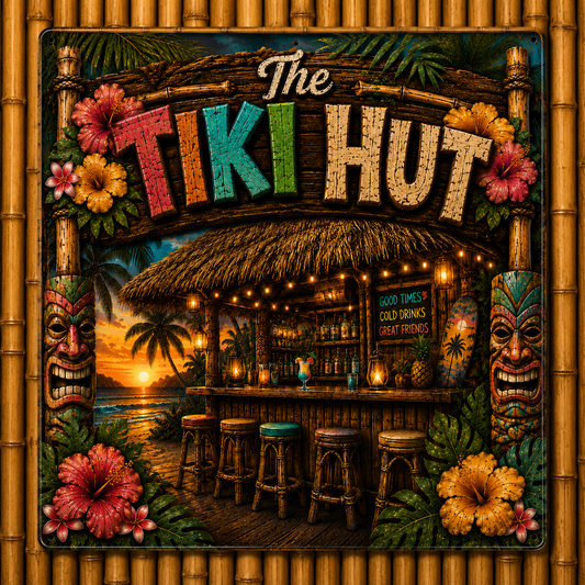 Decorative sign for 'The Tiki Hut' with tropical elements and a bar scene.