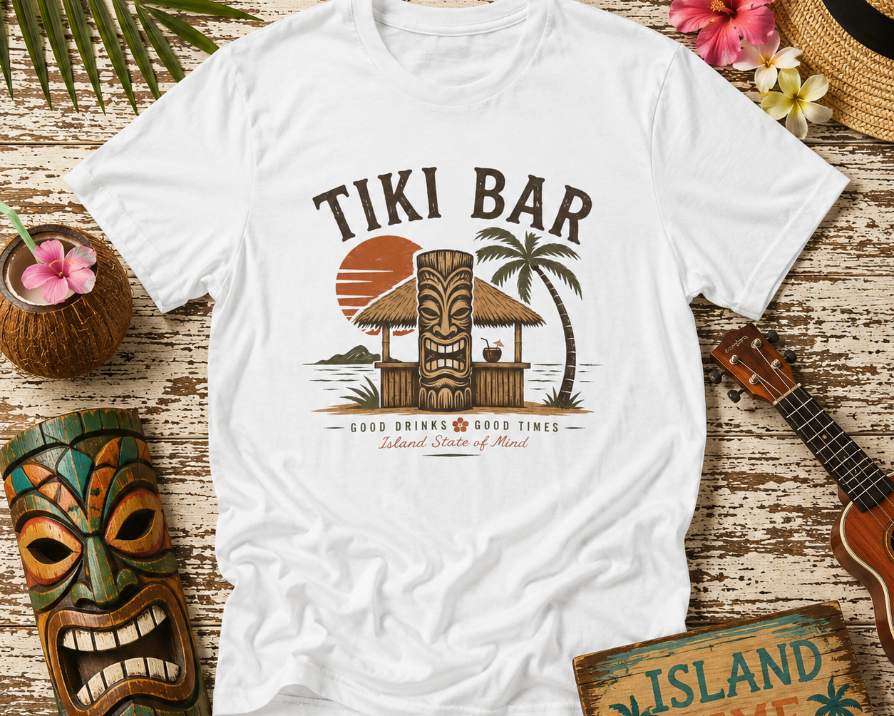 White t-shirt with Tiki Bar design on a wooden surface with tropical decor.