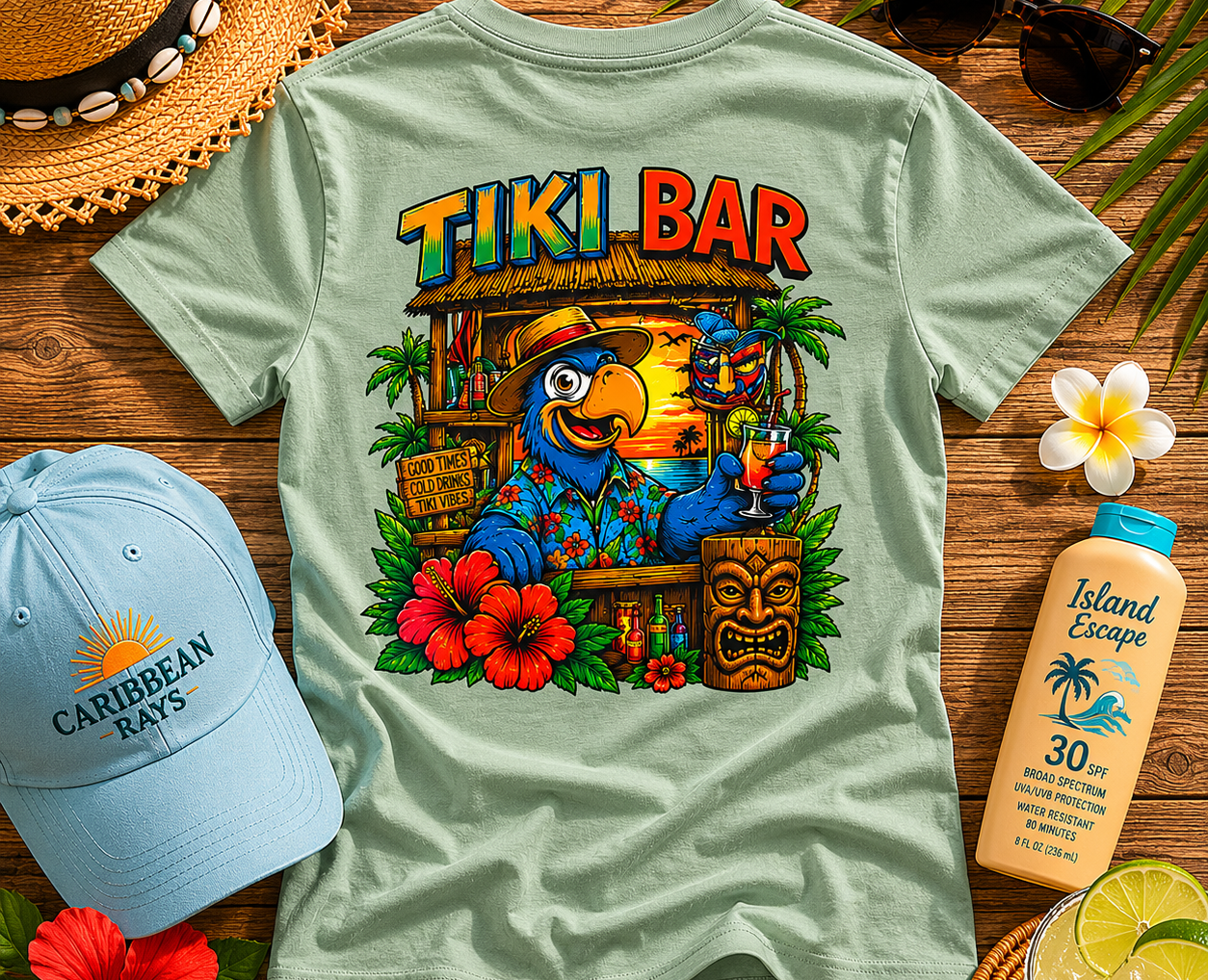 Light green t-shirt with 'Tiki Bar' design on a wooden surface with accessories.
