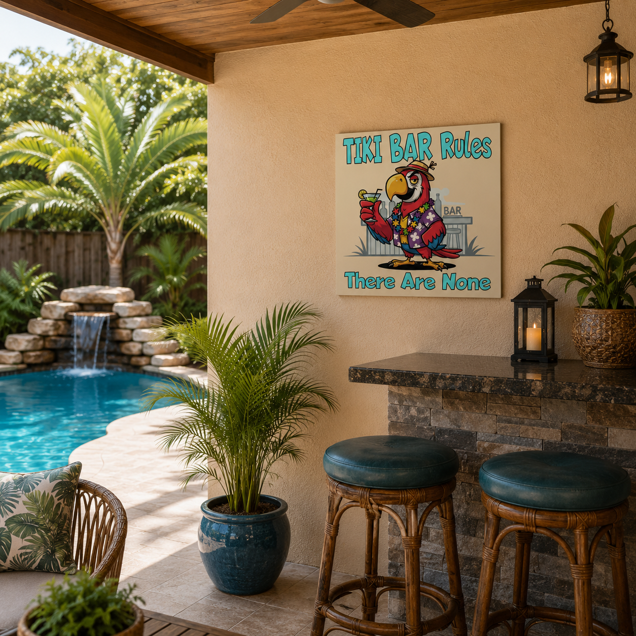 Outdoor patio area with pool, plants, and a Tiki Bar Rules sign on the wall.