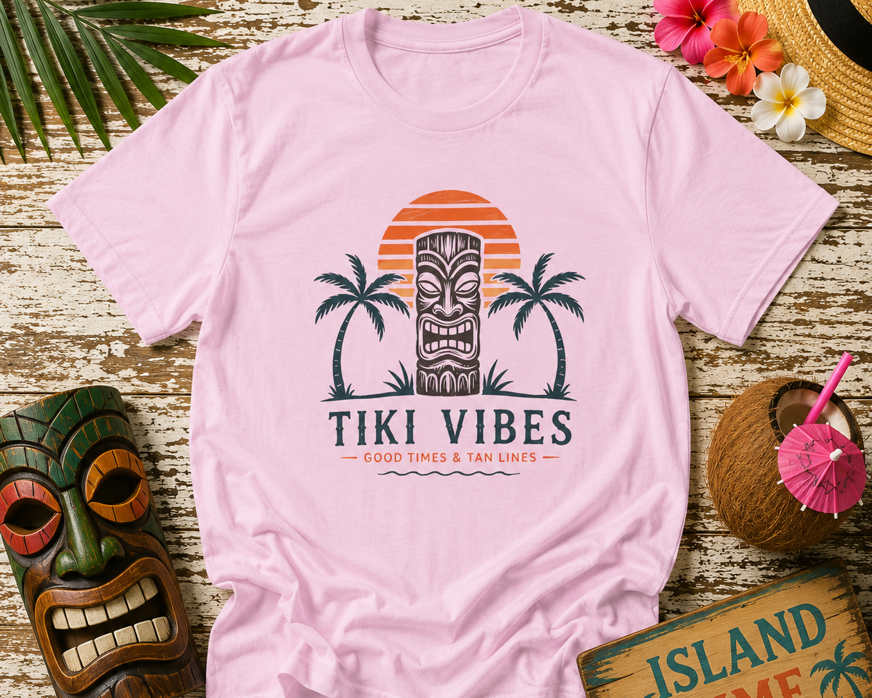 Mint green t-shirt with Tiki-themed design on a wooden surface with tropical decorations.
