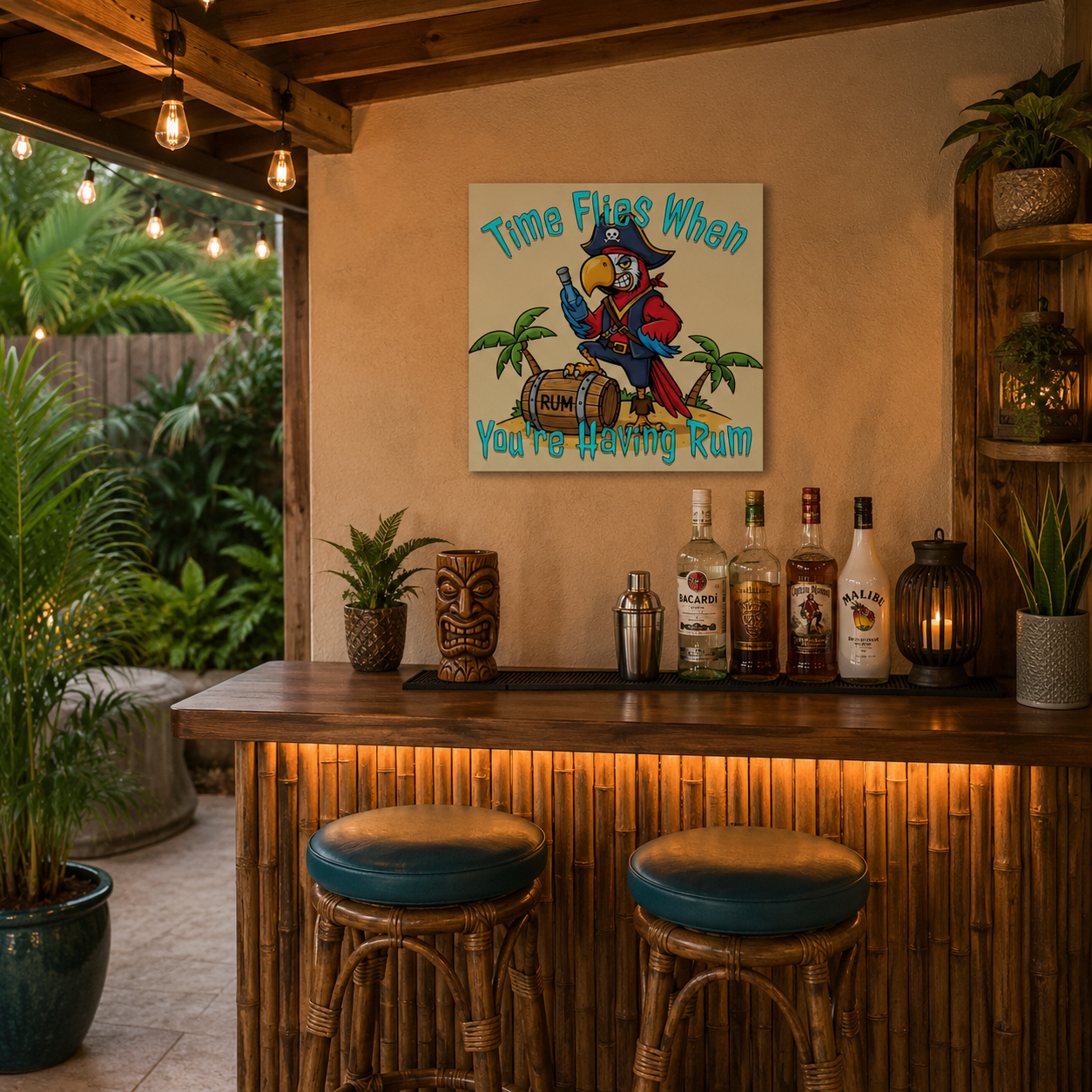 Bar setup with tropical decor and 'Time Flies When You're Having Rum' sign.