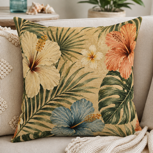 Tropical leaves square pillow on a sofa cushion, beige flowers with green and blue leaves