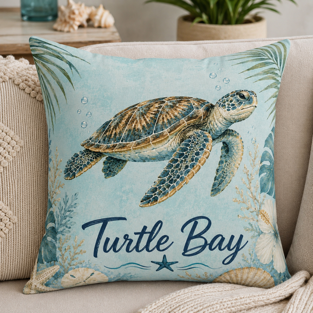 Square throw pillow on a sofa with sea turtle artwork and "Turtle Bay" lettering