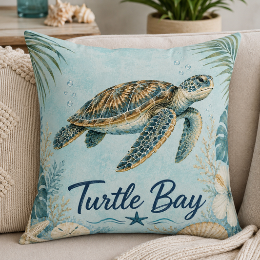 Square throw pillow on a sofa with sea turtle artwork and "Turtle Bay" lettering