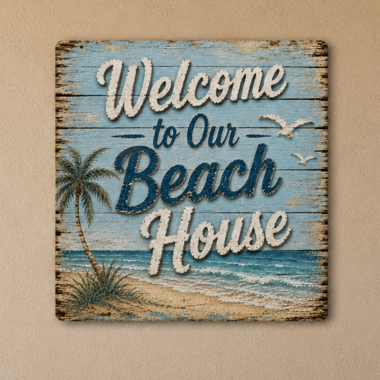 Decorative sign with 'Welcome to Our Beach House' text on a wooden background.
