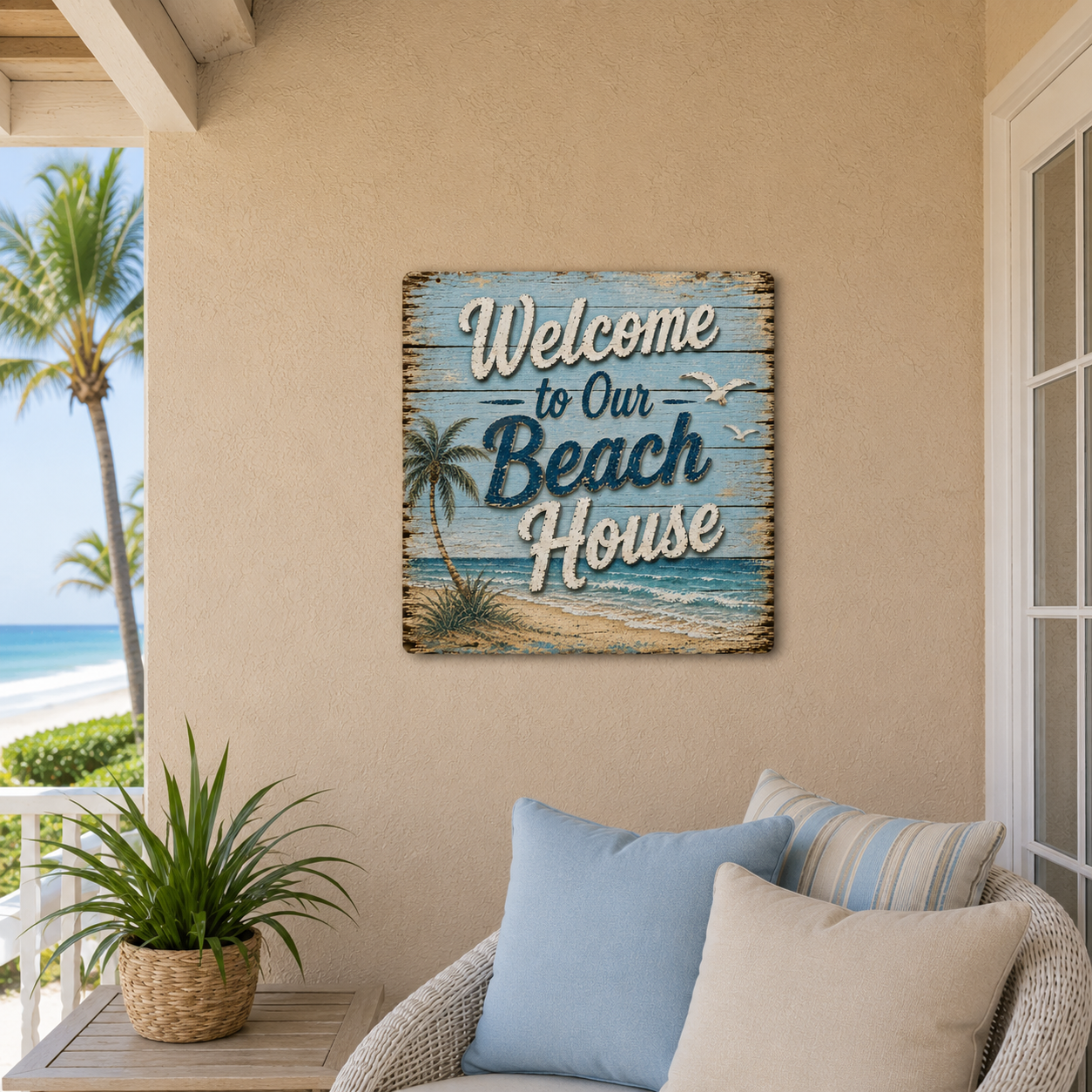 Decorative sign on a wall with 'Welcome to Our Beach House' text, palm trees, and beach scene.