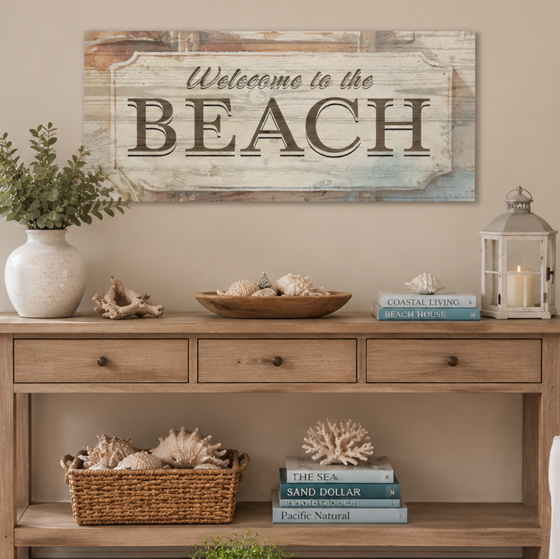Decorative console table with 'Welcome to the Beach' sign, books, and plants in a living room.