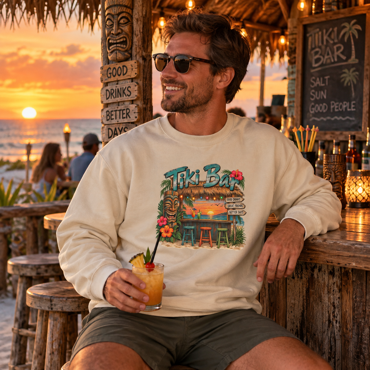 Tiki Bar Crewneck Sweatshirt — Retro Tropical Sunset Design